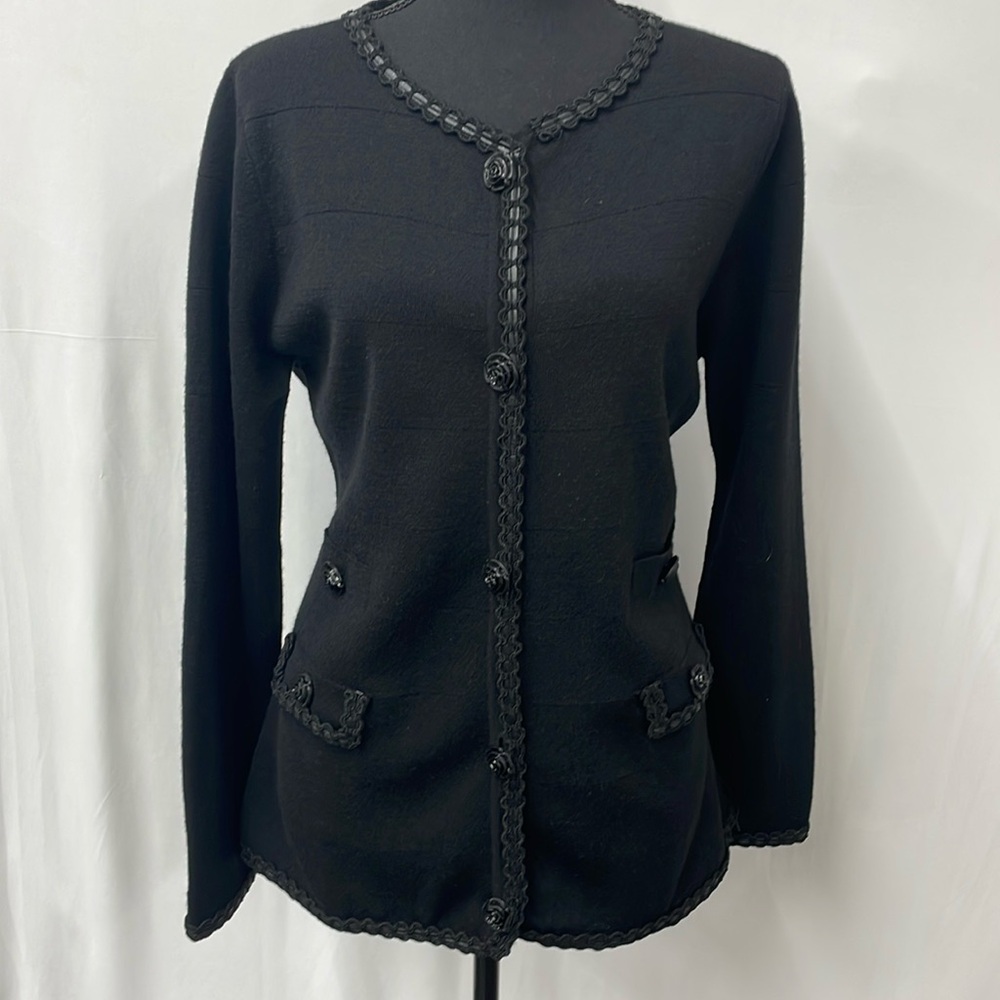 Weill wool cardigan with faux leather trim, decorative flower buttons, size 12
